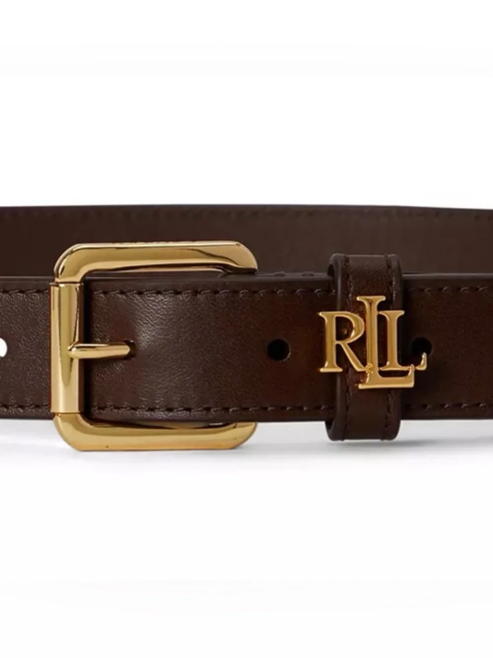 Ralph Lauren Women's Logo-Keeper Leather Skinny Brown Leather Belt with Gold $85